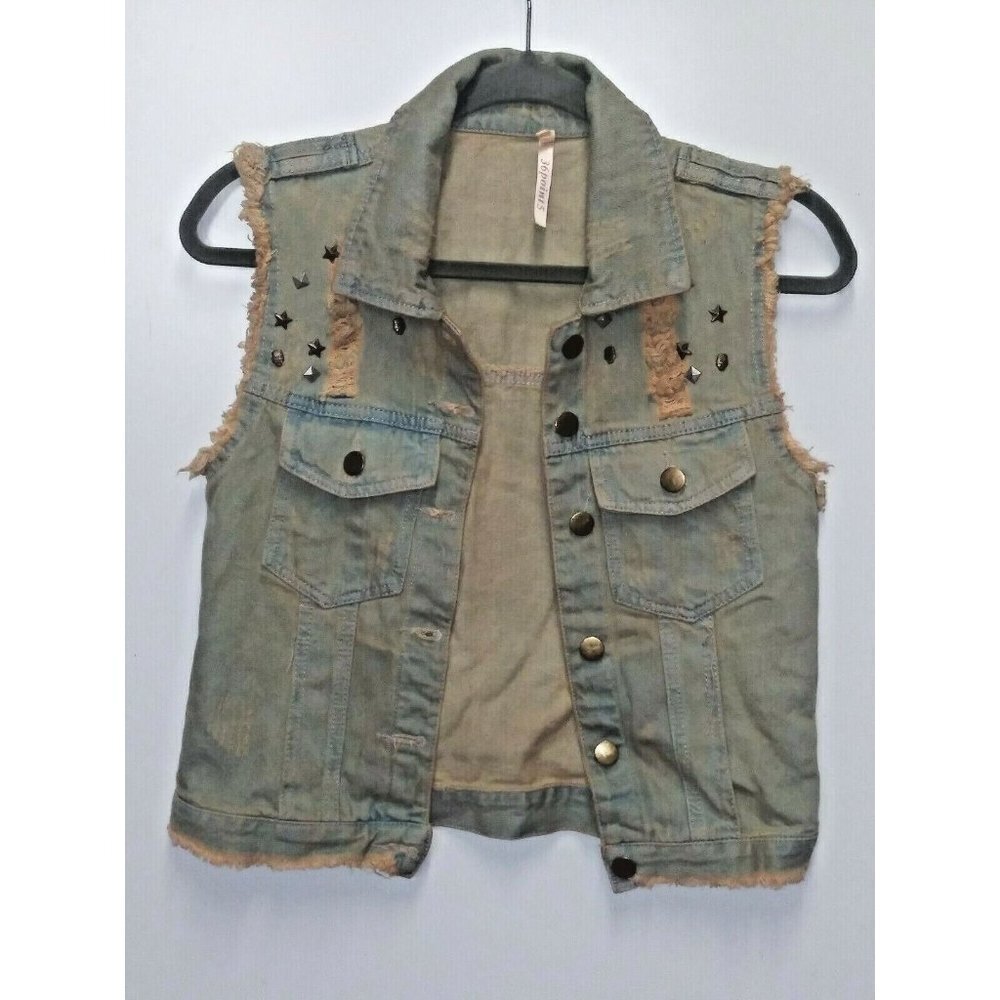 NWOT Biker Denim vest Grunge Hipster Studded Distressed Western blue orange NEW